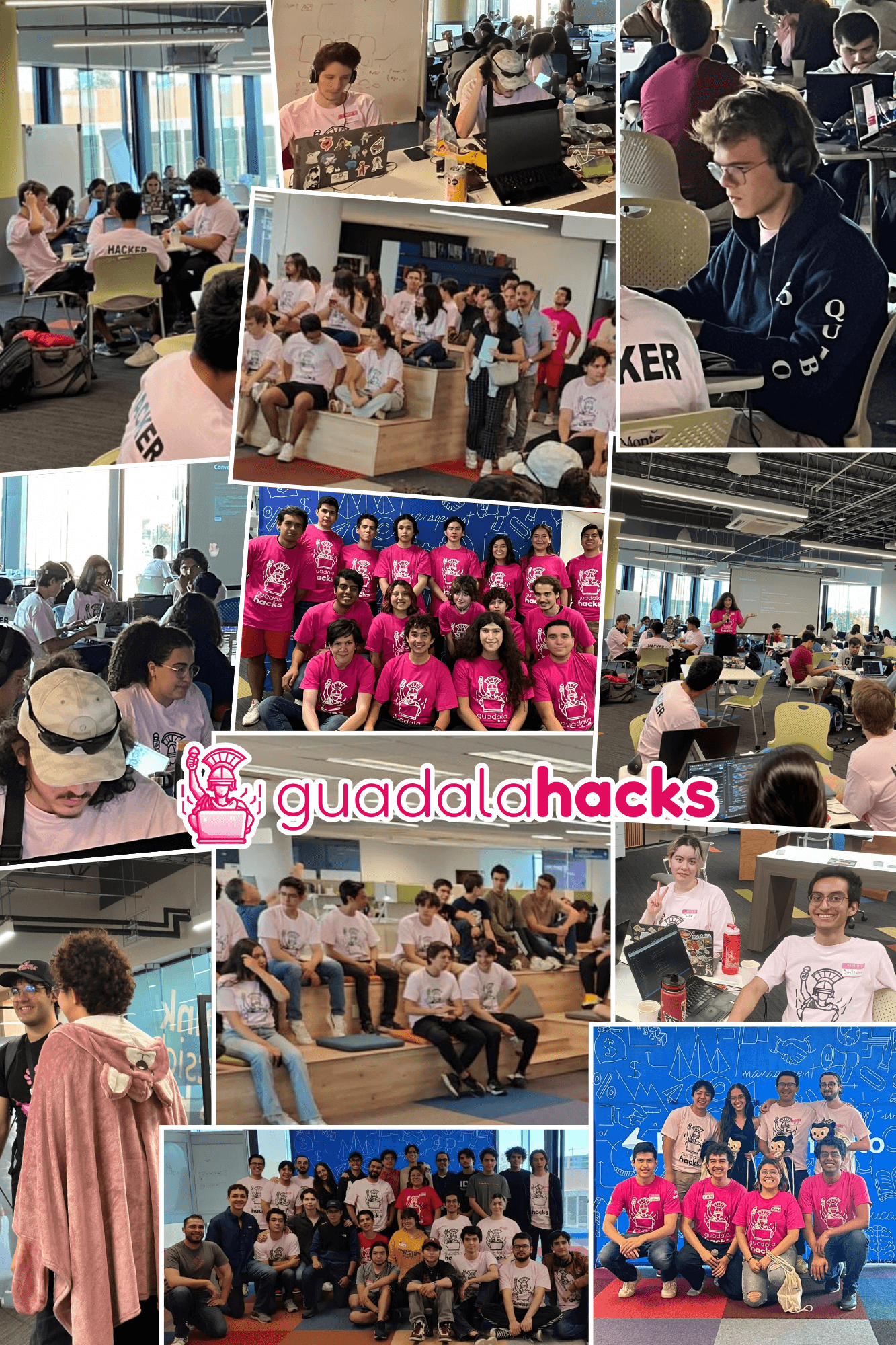 Colección de fotografías de Guadalahacks 2024, personas programando y recibiendo premios